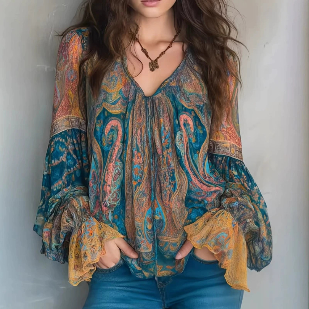 H&M Bohemian Cyan and Amber Paisley Chiffon Blouse with Ruffled Sleeves
